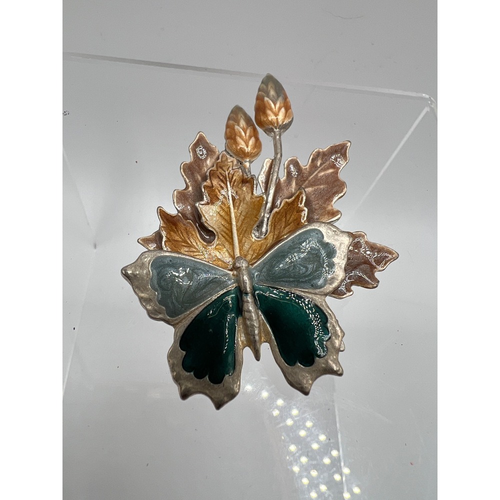 Cottagecore Kenneth Cole Butterfly Leaf Brooch 1.5x2.25" Blue Gold Enamel - Picture 3 of 7